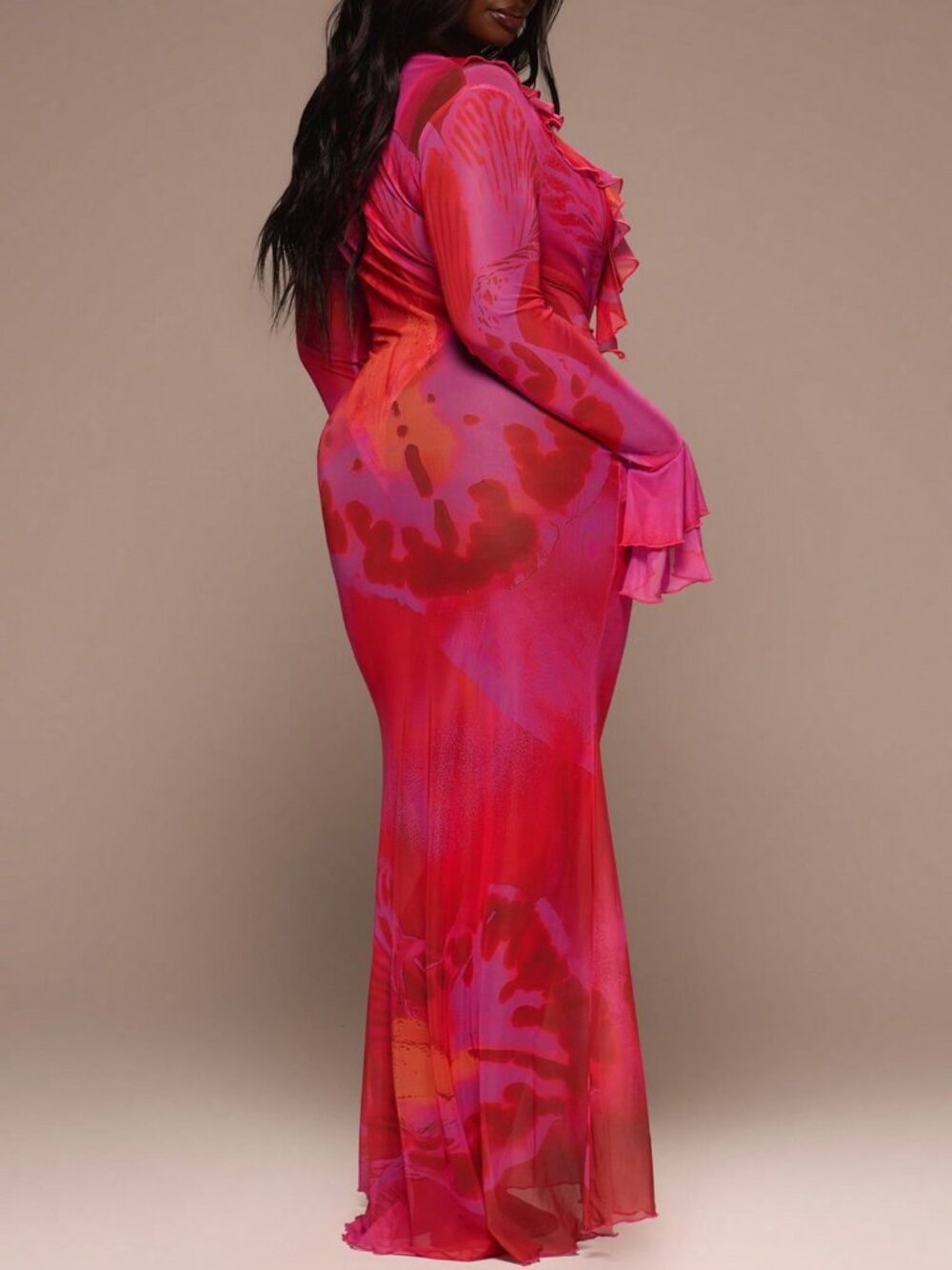 Sexy Women's Plus Size Floral Print Mesh Ruffle Plunge neck maxi dress - Picture 4 of 6